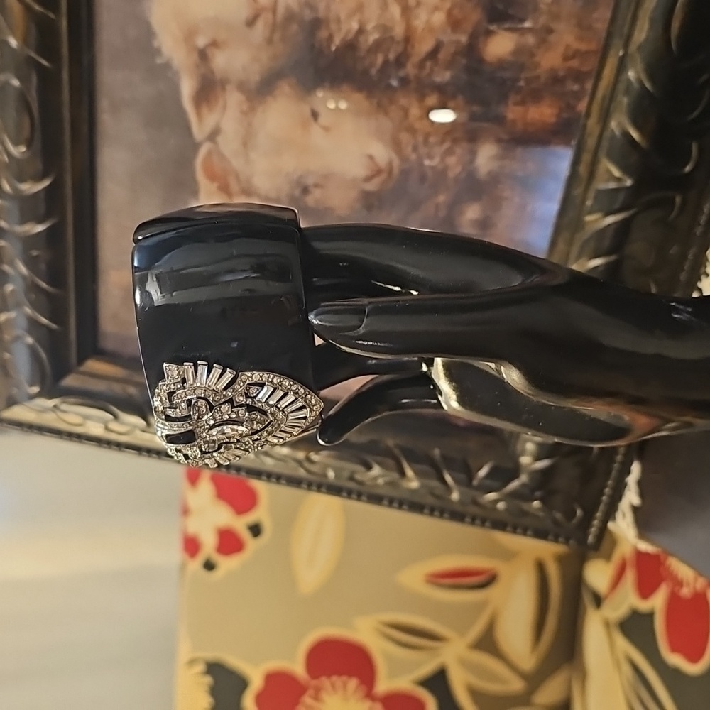 Kenneth Jay Lane Art Deco-Style Wide Cuff Braclet, Enamel & Rhinestone Medallion - Picture 5 of 15
